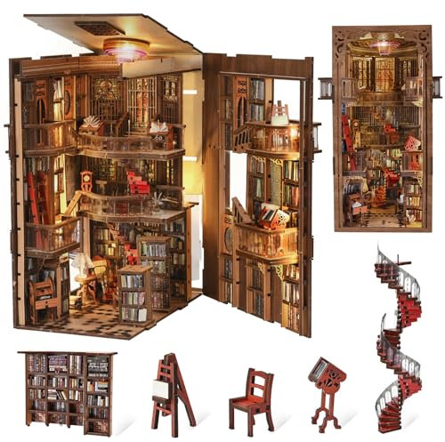 MiniCity Kit Book Nook, Maison de poupée Miniature DIY - Puzzle 3D en Bois - Serre-Livres - Bibliothèque - Décoration avec lumière LED pour Adolescents et Adultes (Abbey Library)