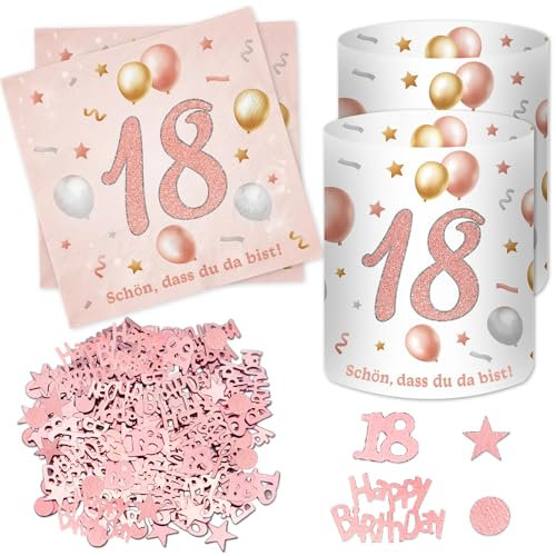 20 Stück Servietten 18 Geburtstag+12 Windlicht Tischdeko + 500 Konfetti Deko 18ter, Deko 18. Geburtstag Mädchen, Servietten Roségold Geburtstagsdeko 18 Jahre