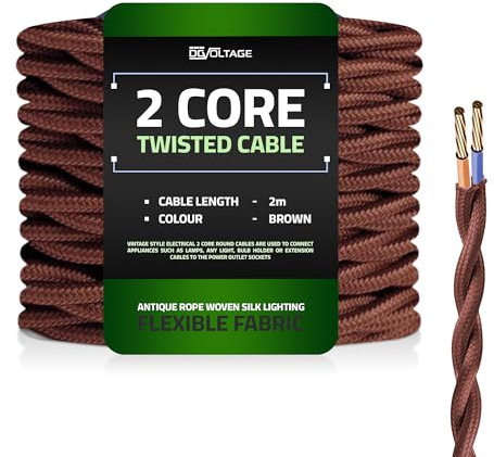 DC VOLTAGE 2m 2 Core Twisted Cable Flexible Wire Lamp Cord, 2 Conductor 6.5ft Fabric Covered Electrical Cable Antique Style Wiring Cloth Covered Braided DIY Lighting Electrical Cord (Brown)