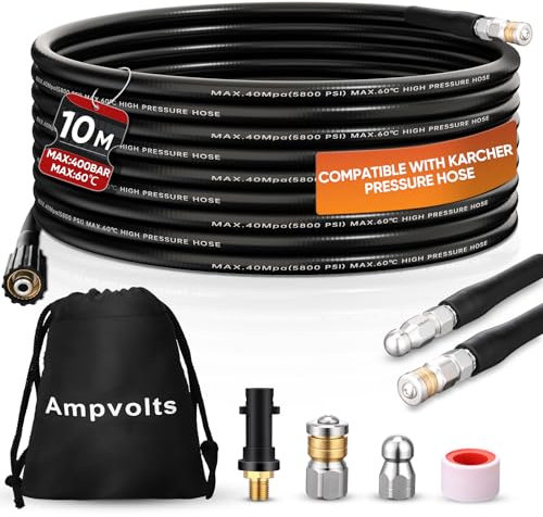 Ampvolts 10m sonda sturatubi per idropulitrice - 400 Bar/5800 PSI, Sonda Spurgatubi Compatibile con karcher K2 K3 K4 K5 K6 K7 - Per una Pulizia Facile di Tubi e Lavandini Intasati
