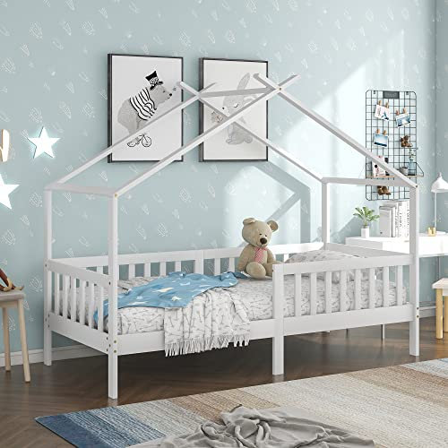 KAZZIO Schönes Hausbett, Kinderbett Massivholz mit Zaun und Lattenrost, Kinder- und Jugendzimmer mit Absturzsicherung, weiß, 200x90cm