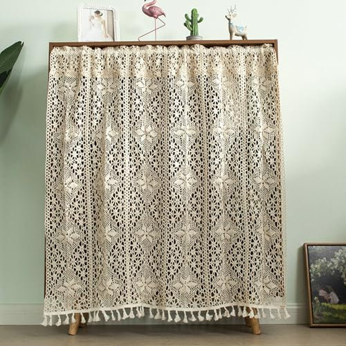 Skcess 1PCS Flächenvorhang Beige, Polyester Baumwolle Vorhang Sheer Vintage Häkelarbeit Mit Blumenmuster Kurzgardine 100X90CM