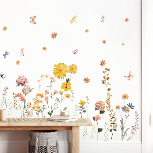 HPNIUB Yellow Flower Wall Stickers Murals for Living Room Butterfly Daisy Floral Wall Stickers Wildflower Grass Butterflies Wall Art Bedroom Home Office Decoration