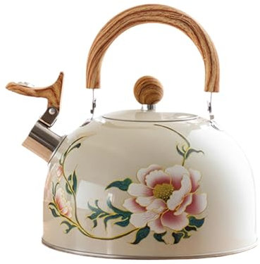 Whistling Kettle for Gashob, 3L Stainless Steel Stove Top Kettle with Wood Grain Handle, Stove Induction Kettle, Vintage Floral Style Teapot for Kitchen Gastove, Induction Cooker