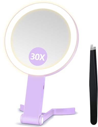 B Beauty Planet 30X/1X Vergrößerungsspiegel mit Licht, Höhenverstellbarer Schminkspiegel mit Beleuchtung, Faltbarer Handspiegel mit Digitalanzeige & Handyhalterung, Tisch- und Reisespiegel, Lila