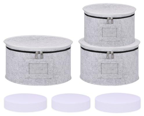 KTCINA 3Pcs Dinner Plate Storage Box Felt Dish Container Dinnerware Plate Organizer Portable China Storage Container for Plates Cups Glassware Transport Moving (3Pcs Grey)