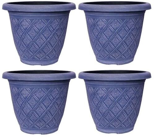 Fyne-Finds Set of 4 Round 33cm,13inch Garden Plant Pot 11Liters Woven Flower Outdoor Decor Planter Frost Proof, Weatherproof, Drainage Hole (Blue)