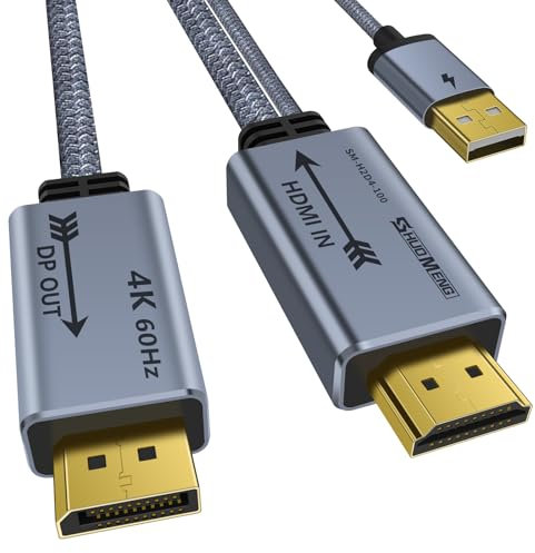 HDMI to Displayport Adapter 4K@60Hz, 2K@120Hz, 1080P@165Hz, HDMI Male Source to DisplayPort Male Monitor Cable, hdmi to DP with USB Power Cable Compatible with PS5, Xbox, Laptop 0.97m/3.2ft