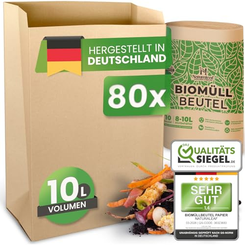 Naturaleaf® Biomüllbeutel 10L | 80 Stück | Extra Nass- & Reißfest | Bio Müllbeutel mit optimaler Stärke & Haltbarkeit | Biomülltüten für Gastronomie & Haushalt | Papiertüten Biomüll