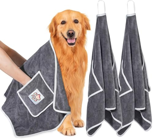 Laamsamling 100x50cm Hundehandtuch, 2 Stück Hundehandtuch Extra Saugfähig mit Griffaschen, Mikrofaser-Handtücher für Hunde und Katzen – ideal für Kleine, Mittelgroße und Große Hunde