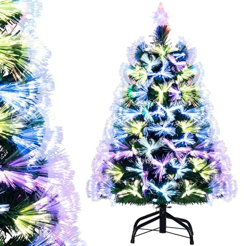RELAX4LIFE Albero di Natale Artificiale 90cm con Luci Lente a Sette Colori (Modalità Fissa) e Stella in Cima, 220 Rami Folti e Realistici in PVC, Base Pieghevole in Ferro (Modello 4, 90 cm)