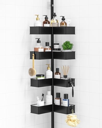Kitsure Teleskop Duschregal mit Spannstange, Höhenverstellbare Duschablage für die Ecke, Rostbeständige Metallkörbe, Duschablage ohne Bohren, Höhenverstellbar 87–290 cm, W 24.6 cm