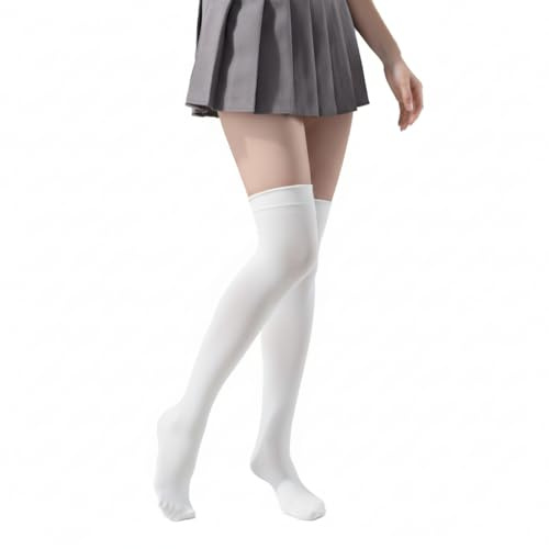 Makii Womens Knee High Plain Stripe Stripy Socks - Ladies Thigh High OTK Long Socks Casual For Daily Wear, Cosplay Size 4-6 (UK, Numeric, 4, 6, Regular, Regular, Plain White)
