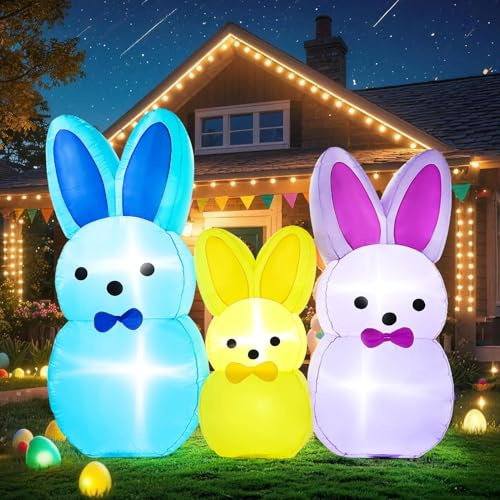 Aufblasbare Oster-Outdoor-Dekorationen, 1,8 m lang, niedlich, aufblasbar, Hasen-Familiendekoration mit hellen LED-Lichtern, Happy Easter Blow Up Rabbit Holiday Yard Decor für Rasen, Garten, Frühling
