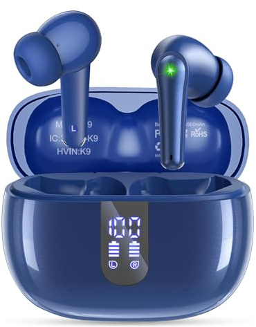 yideing Écouteurs sans Fil Bluetooth 5.3 avec Son stéréo Hi-FI, 40 Heures d'autonomie avec écran d'alimentation LED, étanche IPX7, écouteurs Intra-Auriculaires avec Microphone pour téléphone Bleu