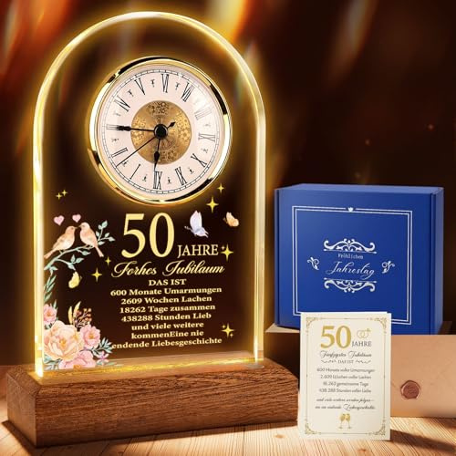 TUZELIYA Regalo di nozze d'oro, orologio al quarzo per anniversario di matrimonio, regalo per 50° anniversario di matrimonio, con biglietto di auguri e busta, orologio da scrivania, regalo di nozze