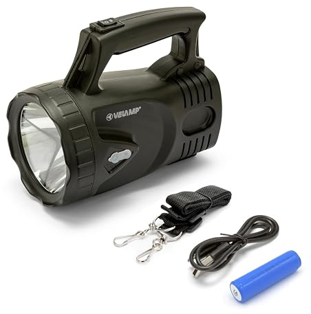 Foco LED recargable 5W superbrillante. Linterna LED profesional 350 lúmenes. Alcance: 400m, 5 horas de luz. Resistente al agua (IP43). Ideal para acampar, pescar, hacer senderismo y para emergencias.