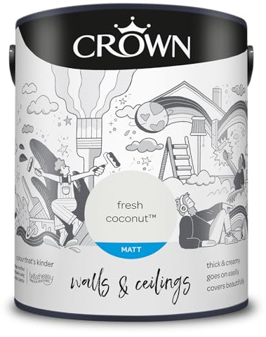 Crown Fresh Coconut® 5L Walls & Ceilings Matt Emulsion | Rich velvety matt in Fresh Coconut. Covers beautifully. Ideal for bedrooms & living rooms. Low VOC, low odour, vegan