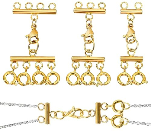 3Pcs Gold Necklace Layering Clasps Multi Strand Tube Lock for Jewellery DIY | Tangle-free easy-open fasteners, polished finish, fit assorted chains, ideal for accessory customisation and craft projects