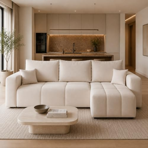 FURNISTAR Ecksofa Pero -248x79x145cm - Modern L-Form Ecksofa mit Schlaffunktion 125x200 cm und Bettkasten - Polsterecke für 3 Personen - Schlafsofa - Eckgarnitur - freistehend - Creme