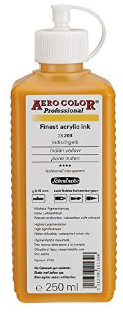 Schmincke - AERO COLOR® Professional, Jaune indien 250 ml, 28203027, peinture acrylique fluide, riche en couleur pour la peinture acrylique, l'aérographie, les techniques mixtes et l'encre acrylique.