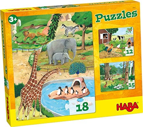 HABA 4960 - Puzzles Tiere, Kinderpuzzles ab 3 Jahren, mit 3 tollen Puzzle-Motive in Einer Schachtel