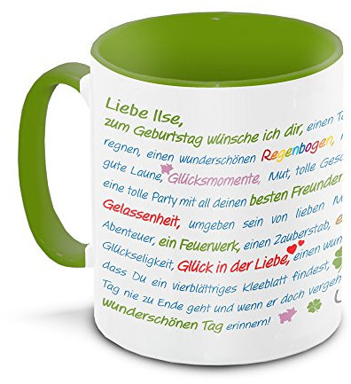 Tasse zum Geburtstag mit Namen Ilse und vielen Glückwünschen, grün/weiss