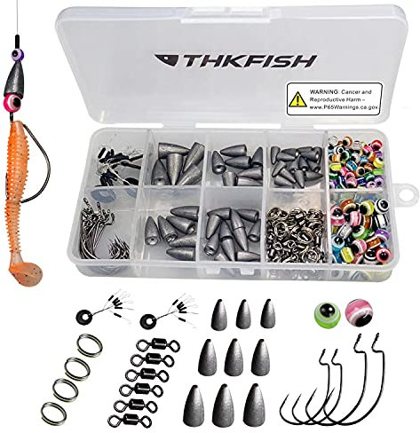 THKFISH Angelsets Angelzubehör Set, Texas und Carolina Rig, Gewichte Angeln Sinker, Offset Haken, Angeln Perlen, Angeln Ringe, Bobber Stopper, Angeln Wirbel, Angelsets 219stücke
