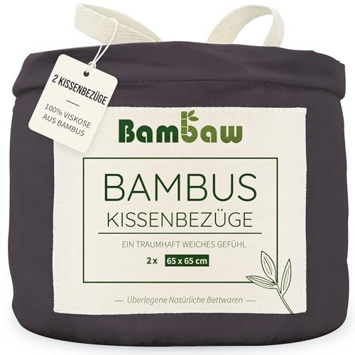 Bambaw Kissenbezug 65x65cm Bambus, 2-er Pack, atmungsaktive Bettwäsche kühlend Sommer, kuscheliger und haarschonender Kissenbezug Bambus, Anti Schweiß Bettwäsche (Anthrazit)