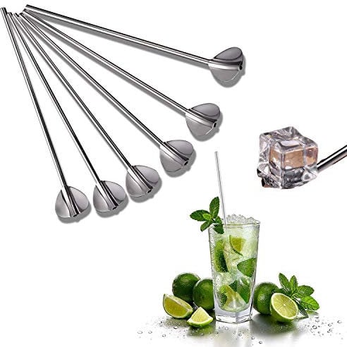 6 Stück Edelstahl Strohhalme Löffel - Wiederverwendbar Strohhalme aus Metall mit Löffel, Lang Latte Macchiato Löffel Cocktail Löffel und Trinkhalme - Herzform (Silber)