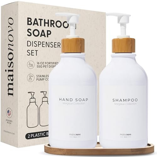 MaisoNovo Distributeur Liquide Vaisselle - Distributeur de Savon en Plastique avec Pompe - Pompe Blanche en Bambou Blanc 500 ML - Distributeur Savon Salle de Bain - Lot de 2 avec Plateau
