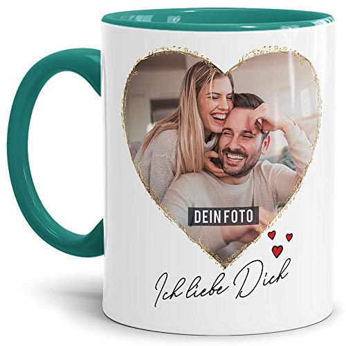 Tasse mit Spruch - Ich Liebe Dich - zum Selbst gestalten mit Zwei Fotos in Herzform - Geschenkidee für den Partner, Innen & Henkel Türkis, 300 ml