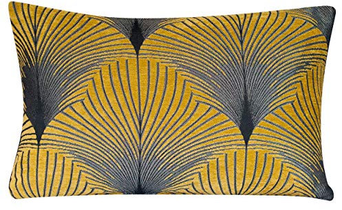 Linen Loft Art Deco XL Rectangular Cushion Cover. Retro Fan Design Silver and Ochre Yellow. Velvet Chenille. 23x15 (58x38cm) Double Sided. Pillow Case. 20s and 30s Style.
