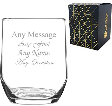 Personalised Engraved Sude Whisky Glass Stemless Gin Tumbler, Gift Boxed, Personalise with Any Message for Any Occasion