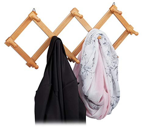 Relaxdays 1 x Wandgarderobe Holz, ausziehbare Garderobenleiste, 10 Kleiderhaken, stabil, Scherengarderobe faltbar, Natur