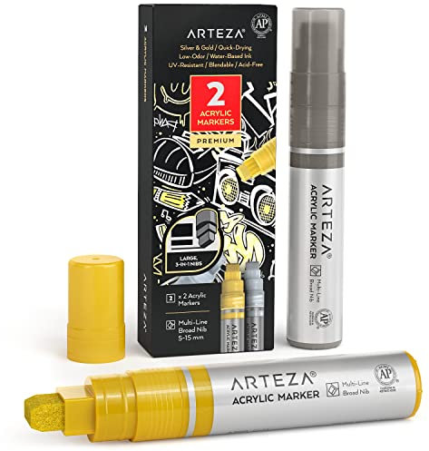 ARTEZA Metallic Acrylstifte, 2er-Set, Silber und Gold, 3-in-1-Multi-Line-Federn, 5-15 mm Strichbreite, UV-beständige Acryl Marker, Acrylmalstifte für Steine, Glas, Metall und Holz
