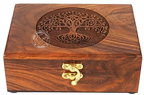 Rosewood Boîte à bijoux en bois faite à la main avec gravure arbre de vie sculptée à la main pour homme et femme | Décoration d'intérieur | Boîtes décoratives | Rangement et organisateur (17,8 x 14 x