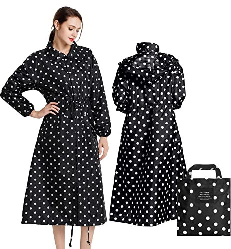 LAMA Womens Long Raincoats with Hood, Waterproof Reusable Packable Rain Coat with Long Sleeves for Adults Womens Ladies, Rain Coat for Bike Moto Riding Hiking Trekking, BlackDots