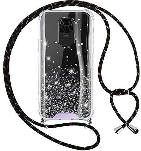 Vauki Handykette Hülle für Xiaomi Redmi Note 9, Glitzer Handyhülle mit Band Silikon Stoßfest PC Case mit Glühen Necklace Schutzhülle mit Kordel Lanyard zum Umhängen für Redmi Note 9, Schwarz