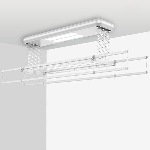 Ceiling clothes drying rack, electrical lift clothes airer, ceiling clothesline, 1.3m lifting height, clothes pole length adjustable 1.3-2.3m, with Remote control + LED lighting + electric lift-Silver