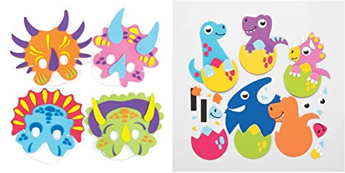 Baker Ross Dinosaurier Masken aus Moosgummi, DIY Bastelsets für Kinder Kunsthandwerk und Dinosaurierparty (4er Pack), sortiert & Dinosaurier-Ei-Magnet-Bastelsets (8 Stück)