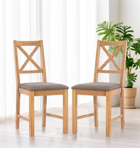 Hallowood Furniture Oak Dining Chairs Set of 2, Grey Linen Fabric Seats | Modern and Stylish Cross Back Solid Wooden Oak Small Kitchen Dining Room Chairs with Padded Seat for Home, Restaurant & Café