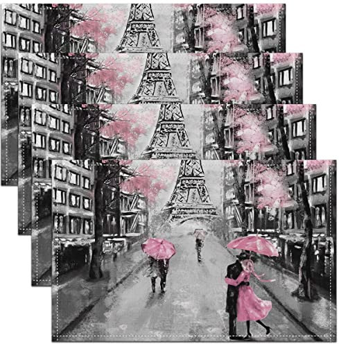 Paris Tischsets 30x45 4er Set, Französische Eiffelturm für Terrassentisch Küche, Retro Aquarell Kirschblüten Abwischbar & Hitzebeständig, Rosa Grau