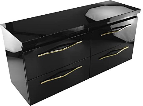 paplinskimoebel Juego de armario de baño de alto brillo con encimera para lavabo, tamaño 120 cm, armario doble con encimera, cuatro cajones (parte superior negra y negra)