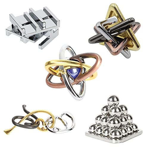 RoseFlowe 5 pcs IQ Test Puzzle Brain Teaser Metal Wire Puzzles Mind Game Educational Toys High Difficulty Disentanglement Unlock Interlock Game Magics Toy for Kids Adults Challenge Interlock Toy
