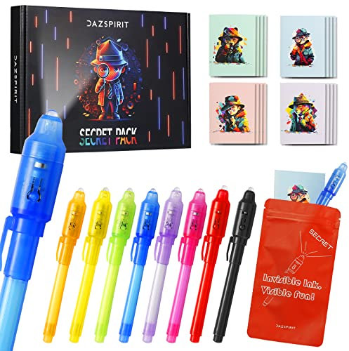 DazSpirit 8 pcs Stylo Encre Invisible et Carnet de Notes, Thème de Détective Stylo Magique avec Lumière UV pour Enfants, Crayon Invisible pour écrire un Message Secret