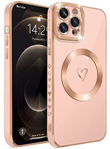 ECZOIL Compatible with iPhone 12 Pro Case MagSafe,Full Camera Lens Protection Luxury Electroplated Cute Heart Magnetic Case for iPhone 12 Pro for Women Girls-Pink