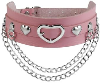 MILAKOO PU collier en cuir avec le cœur et la chaîne double collier gothique choker bande de cuir réglable rose