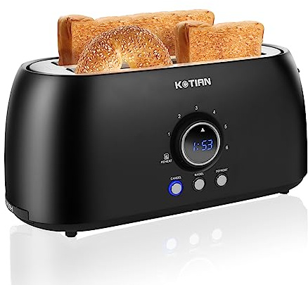 Toaster 4 Slice,KOTIAN Retro Long Slot Toasters with Countdown Timer,Stainless Steel Toaster,Bagel,Defrost,Reheat,Cancel Functions,Extra Wide Slots,6 Toast Settings,Removable Crumbs Tray,Matte black