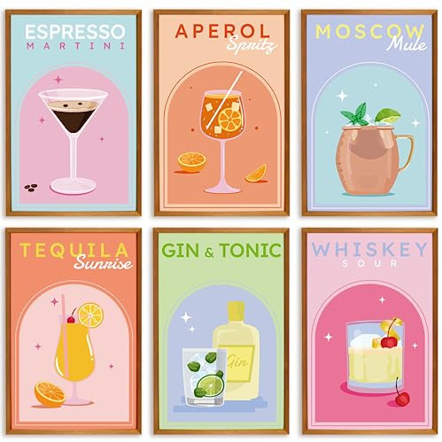 Throwback Traits Cocktail-Poster für adrette Wandkunst – Aperol Spritz Getränkeposter für Schlafsaal, Wanddekoration, adrette Poster für Schlafzimmer, ungerahmt, 6 Set Cocktaildrucke und Poster, Größe